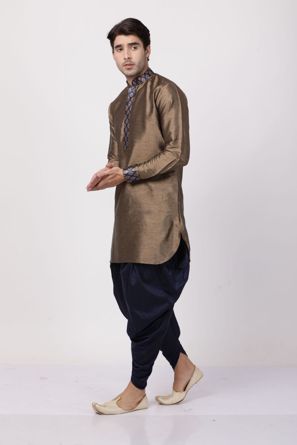 Men's Bronze Cotton Silk Blend Kurta and Dhoti Pant Set