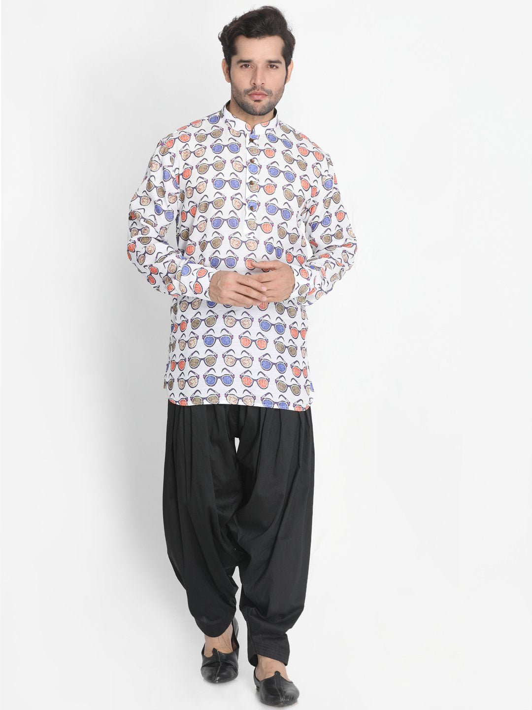 Men's White Cotton Blend Kurta and Patiala Set