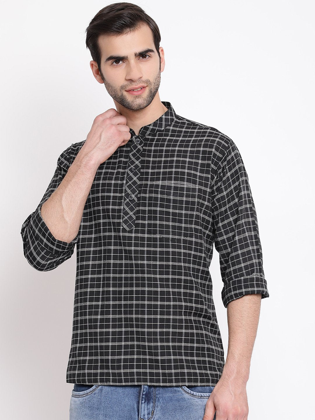 Men's Black Cotton Blend Short Kurta