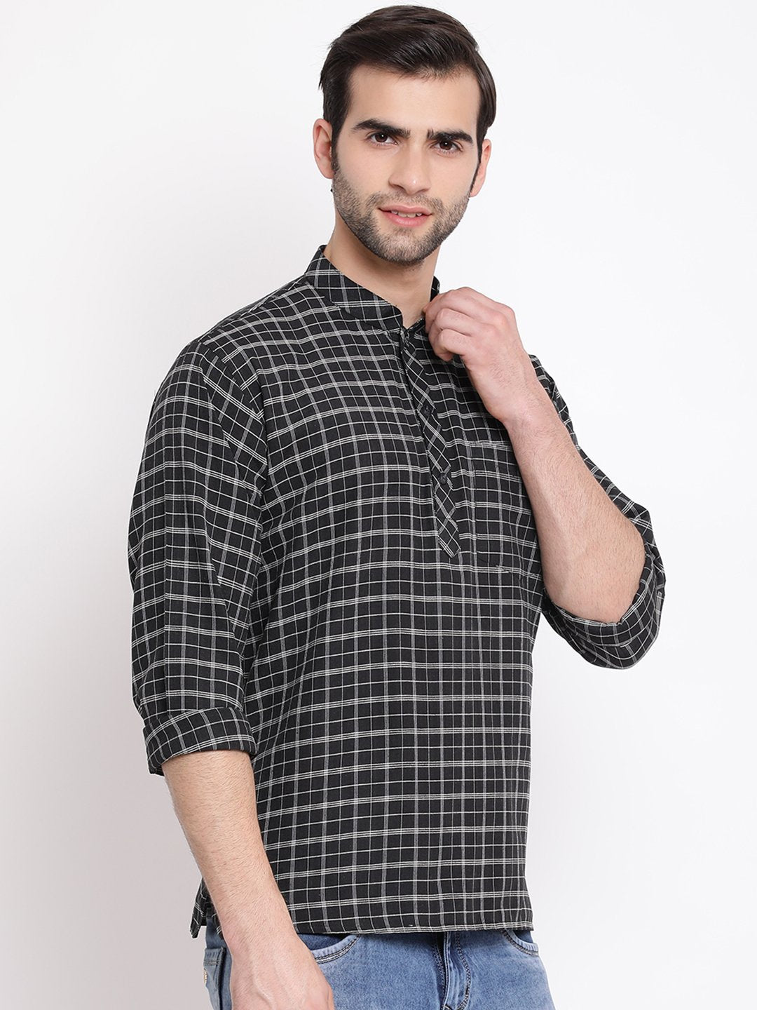 Men's Black Cotton Blend Short Kurta