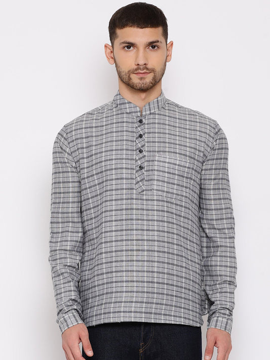 Men's Grey Cotton Blend Short Kurta