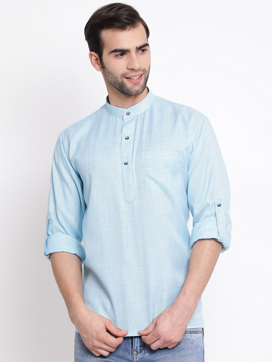 Men's Green Cotton Blend Short Kurta