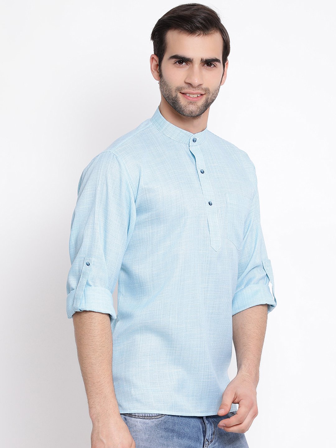 Men's Green Cotton Blend Short Kurta