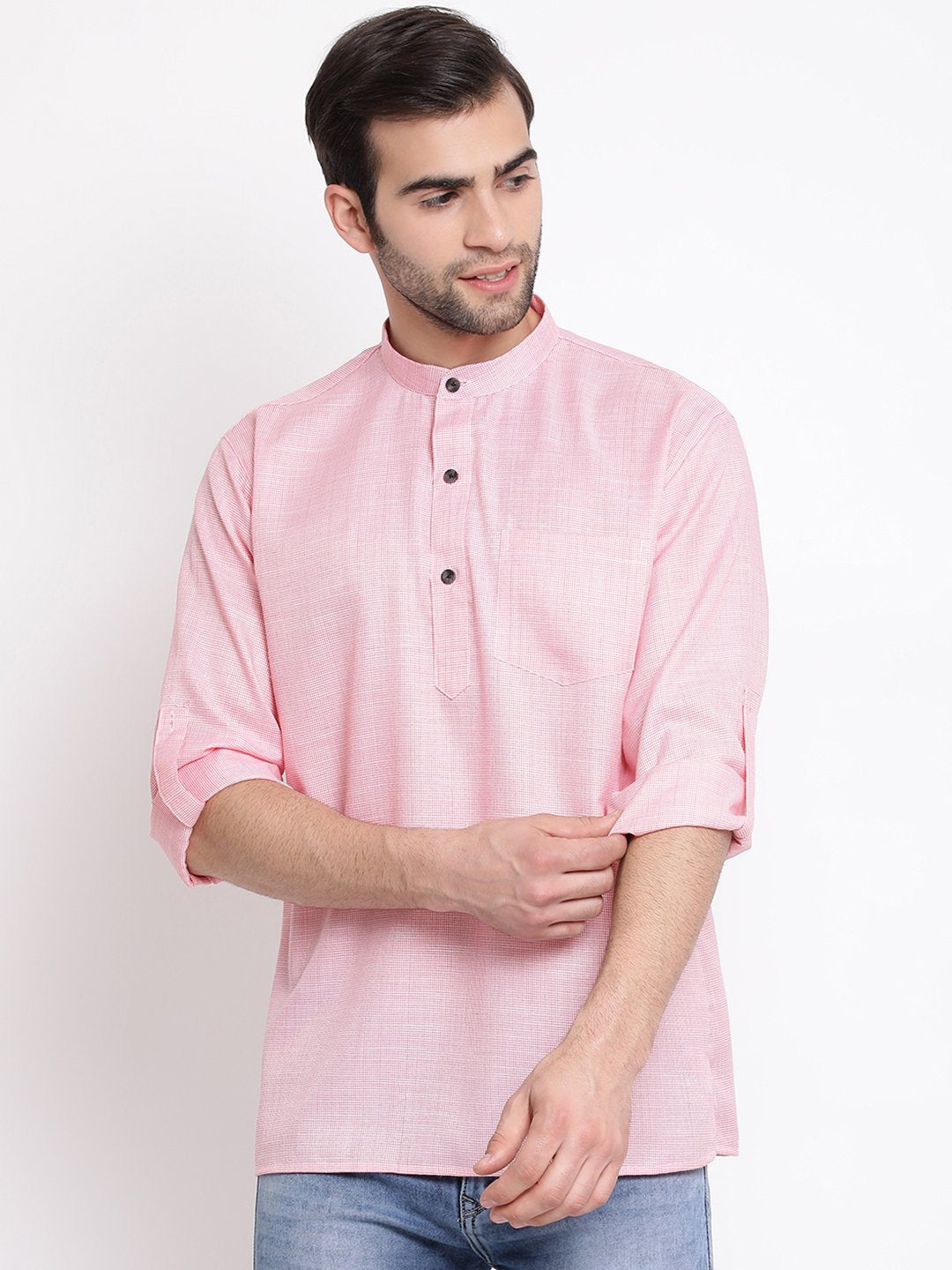 Men's Pink Cotton Blend Short Kurta