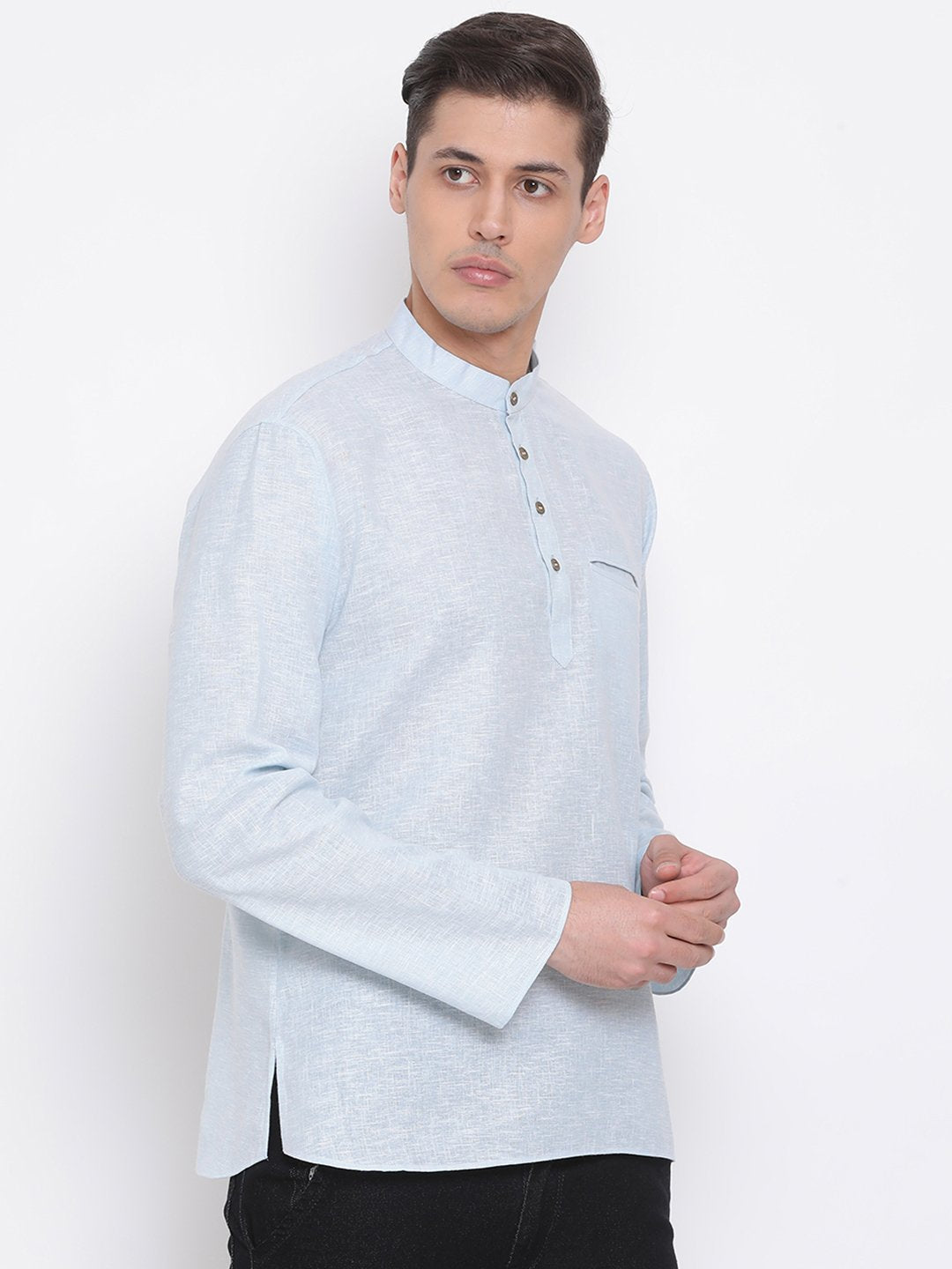 Men's Blue Cotton Blend Short Kurta