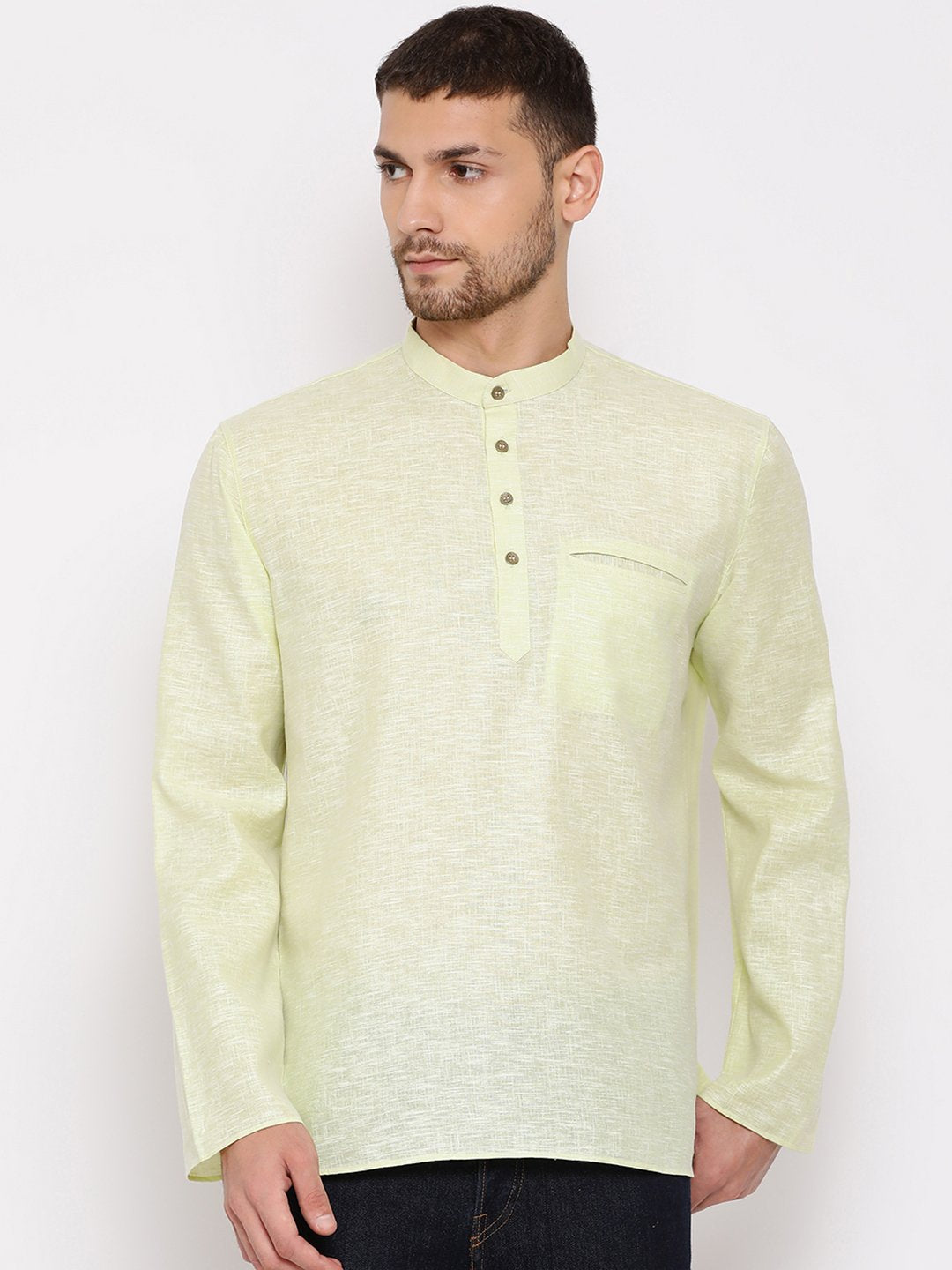 Men's Green Cotton Blend Short Kurta