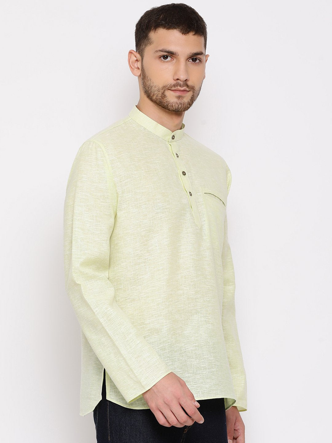 Men's Green Cotton Blend Short Kurta