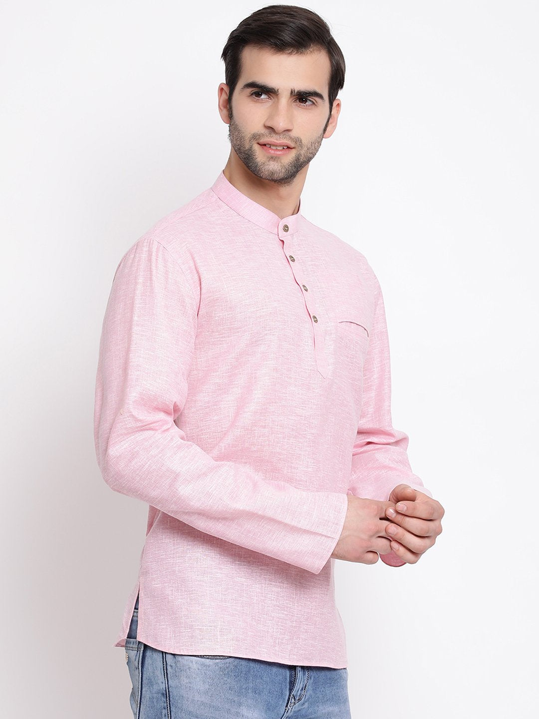 Men's Pink Cotton Blend Short Kurta