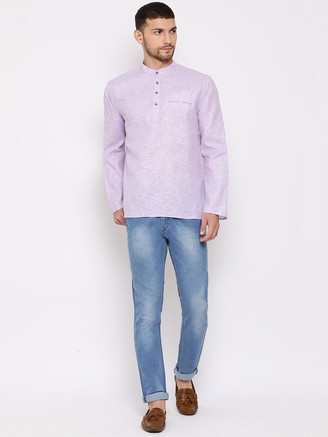 Men's Purple Cotton Blend Short Kurta