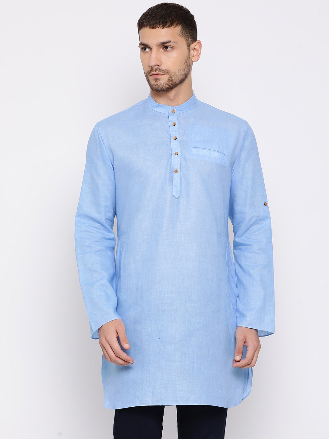 Men's Light Blue Cotton Blend Short Kurta