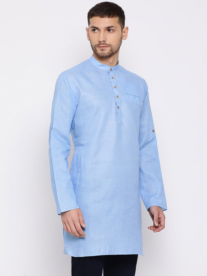 Men's Light Blue Cotton Blend Short Kurta