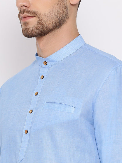 Men's Light Blue Cotton Blend Short Kurta