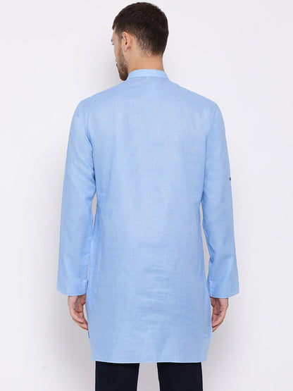 Men's Light Blue Cotton Blend Short Kurta