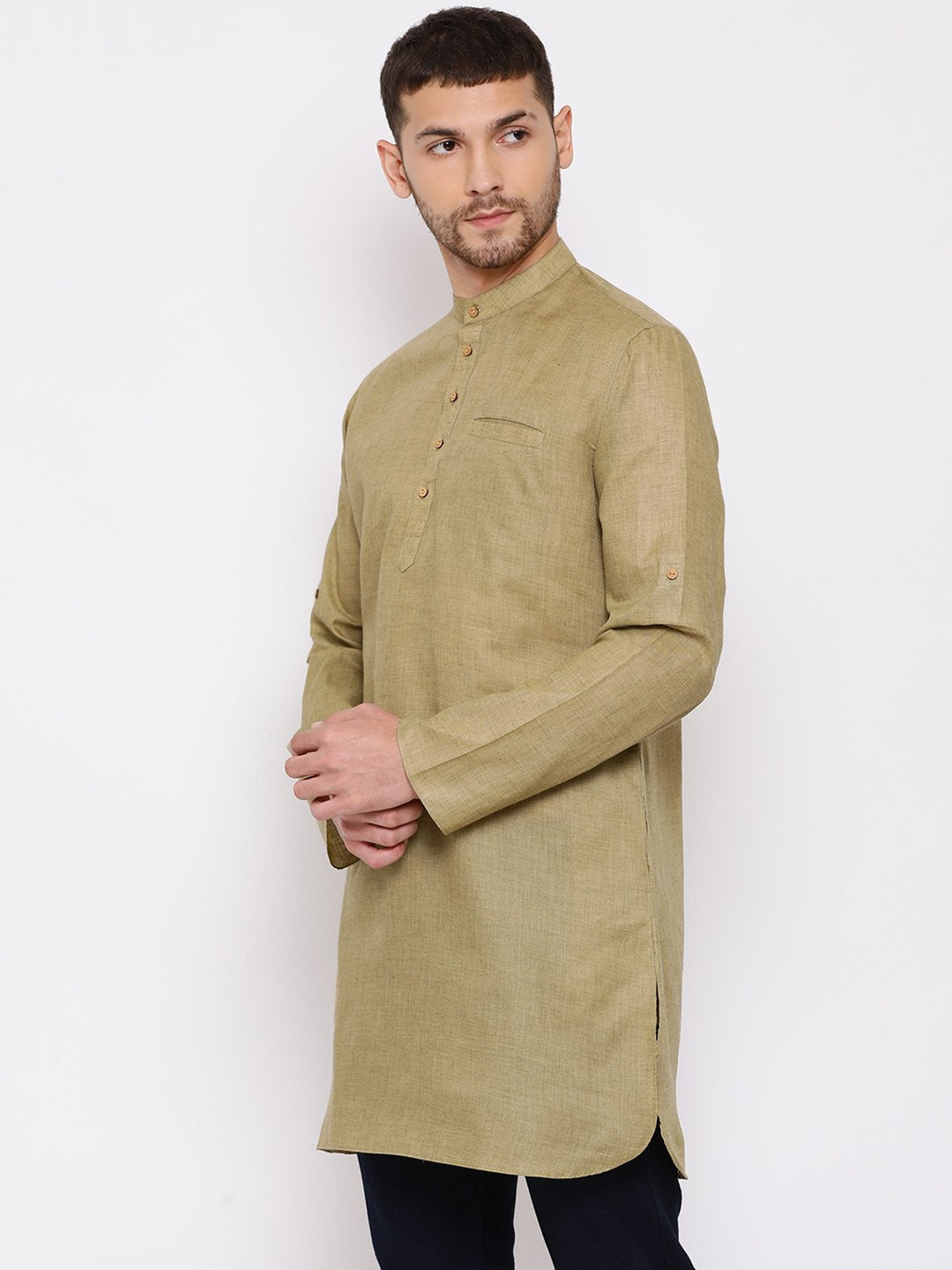 Men's Green Cotton Blend Short Kurta