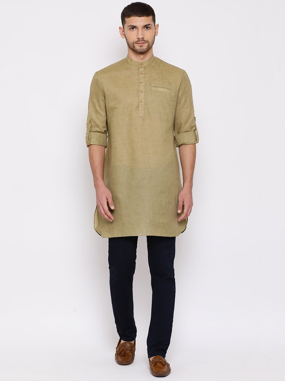 Men's Green Cotton Blend Short Kurta