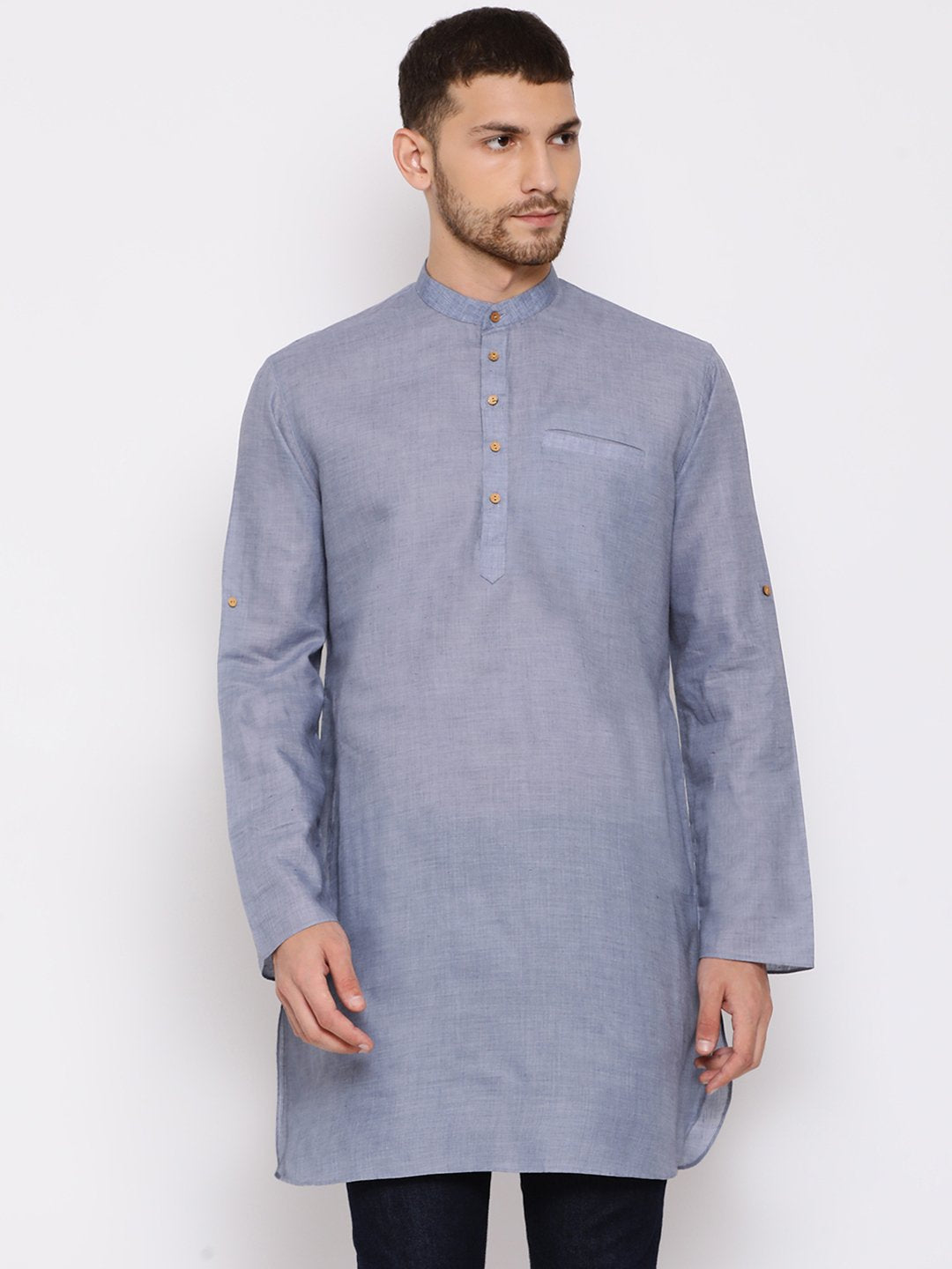 Men's Grey Cotton Blend Short Kurta