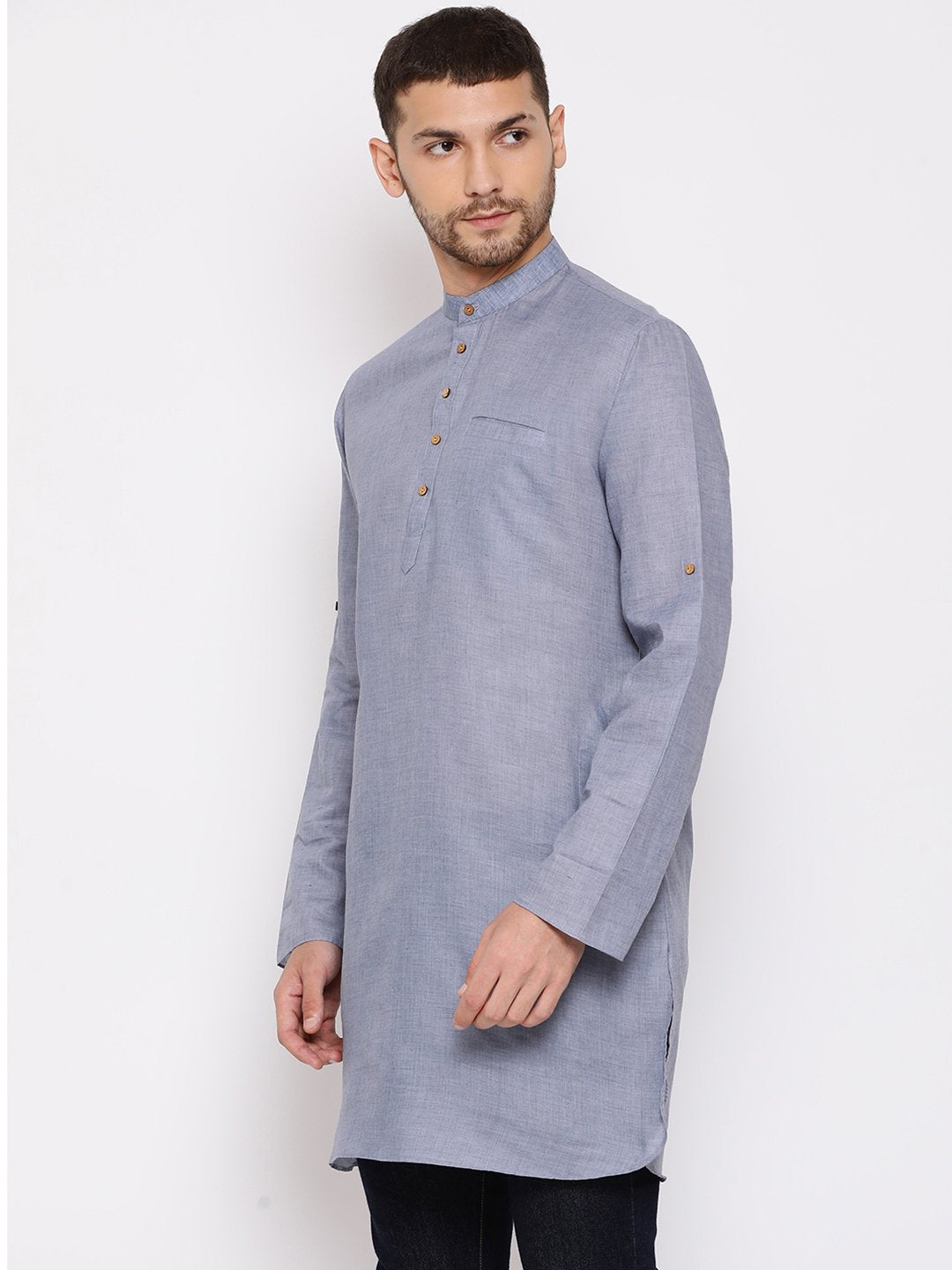 Men's Grey Cotton Blend Short Kurta