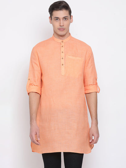 Men's Orange Cotton Blend Short Kurta