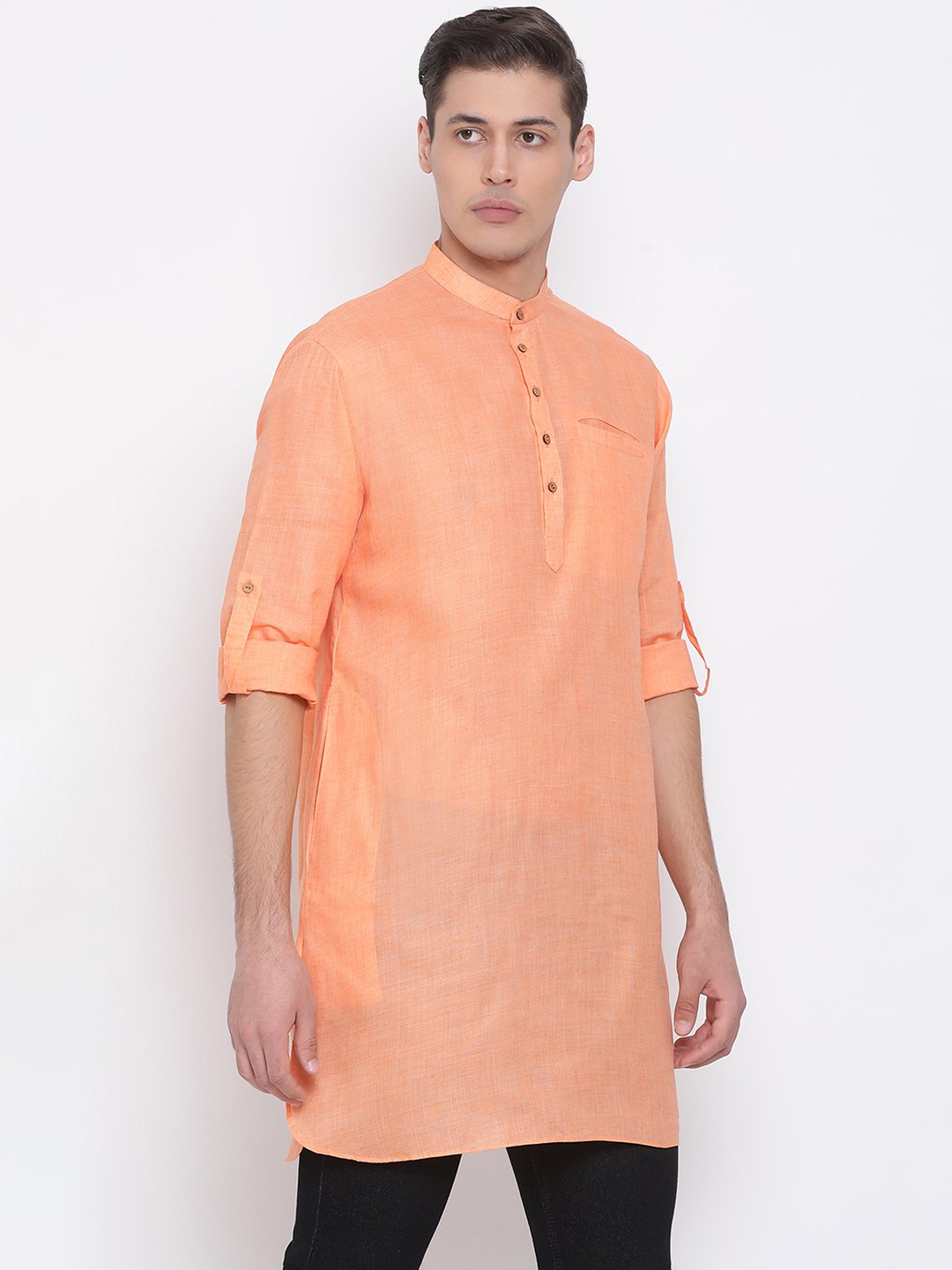 Men's Orange Cotton Blend Short Kurta