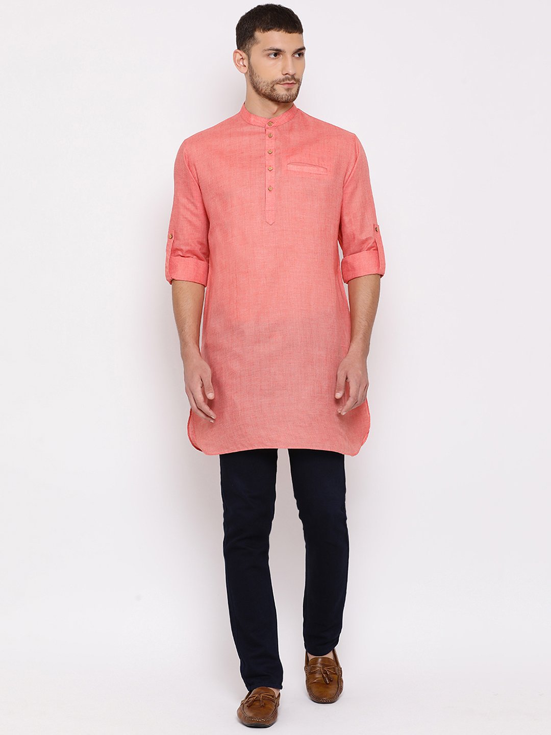 Men's Pink Cotton Blend Short Kurta