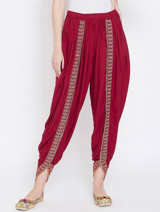 Women's Maroon Viscose Rayon Dhoti With Golden Lace