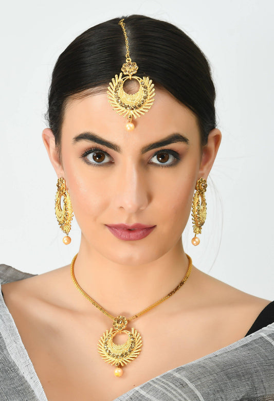 Gold-Plated Necklace with Earrings & Tikka Mangalsutra Jkms_074