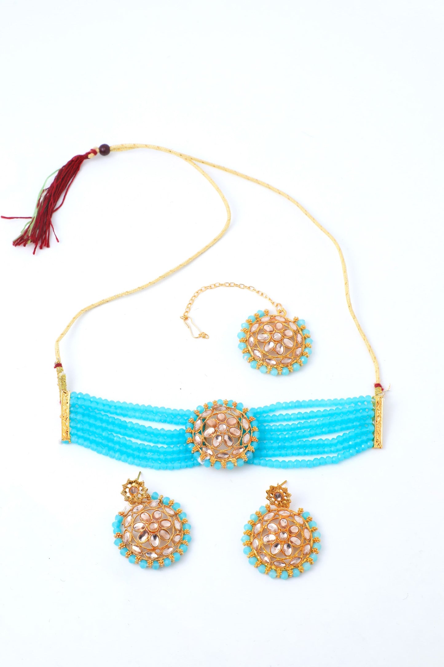 Women's Gold Plated Blue Beads Kundan Choker Jewellery Set With Mang Tikka