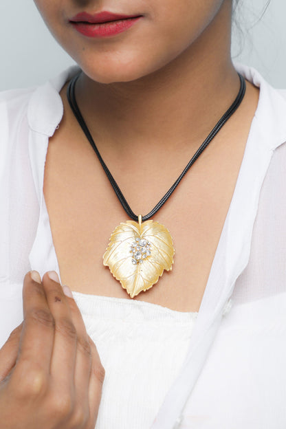 Women's Leaf Shaped Gold Pandent With Black Necklace