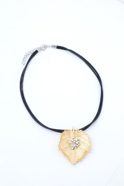 Women's Leaf Shaped Gold Pandent With Black Necklace