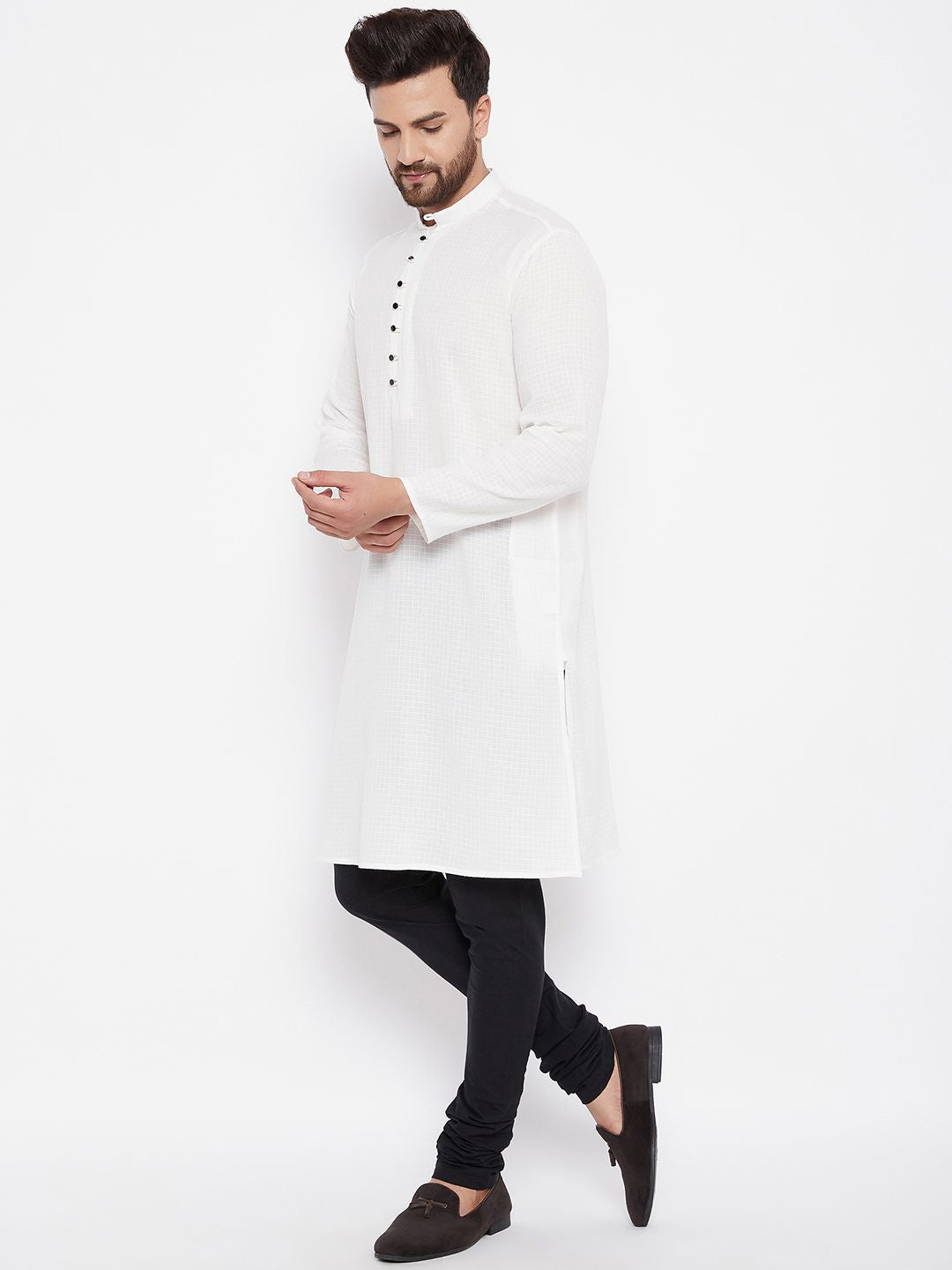 Men's Woven Design White Straight  Kurta