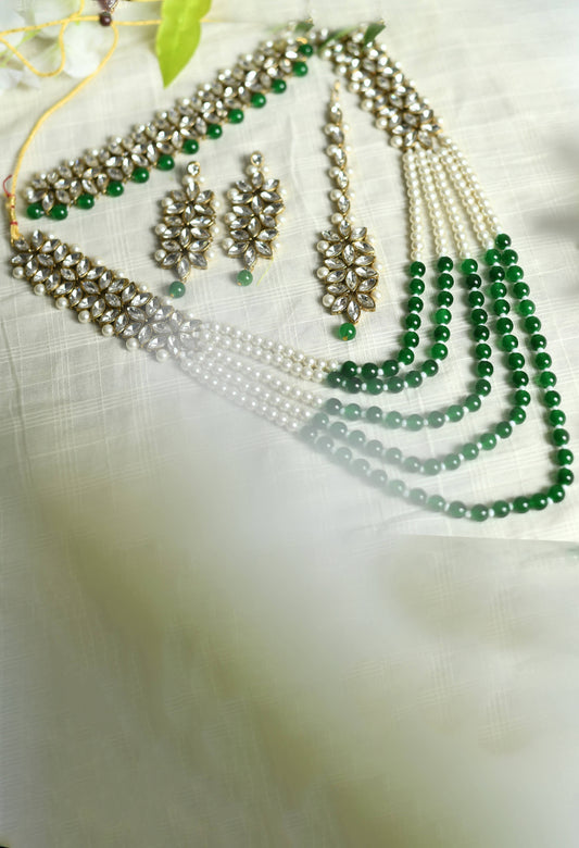 Golden Plated with stone and green Pearls Necklace Combo Set Jkms_127