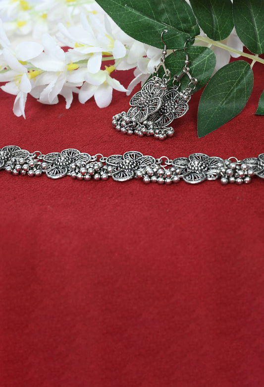 Trendia Silver color Oxidised Necklace Set With Ghungru Jkms_115