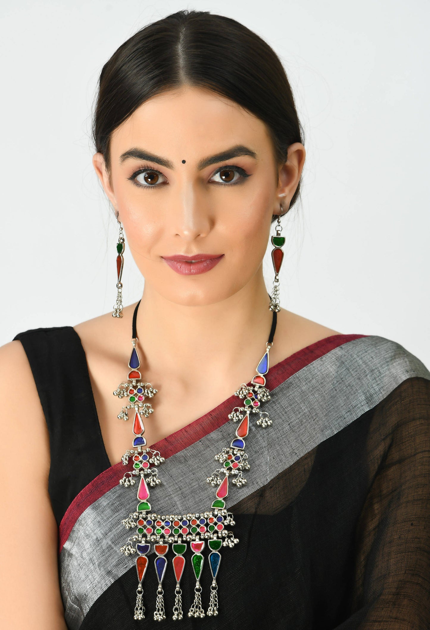 Traditional Multi color Afghani Necklace with Earrings Jkms_045