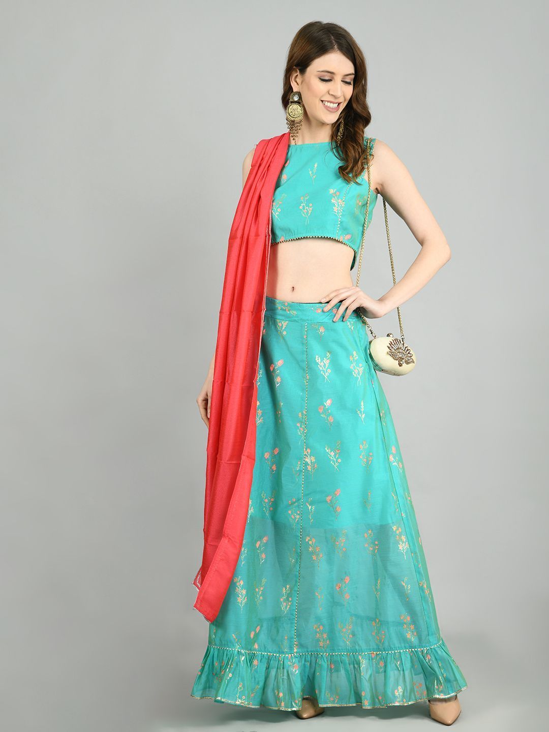 Green Chanderi Printed Sleeveless Round Neck Casual Blouse Lehenga Dupatta Set