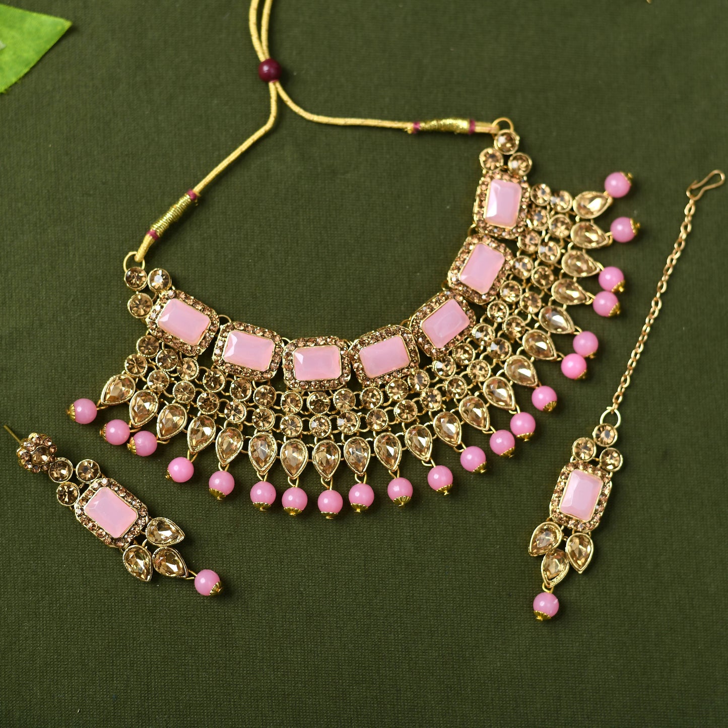 Gold-Plated Stone & Pearls Baby Pink Necklace Set Mangalsutra Jkms_072