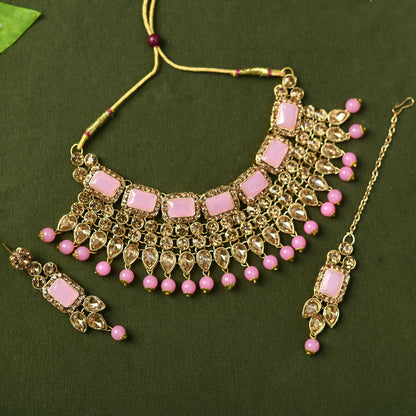 Gold-Plated Stone & Pearls Baby Pink Necklace Set Mangalsutra Jkms_072