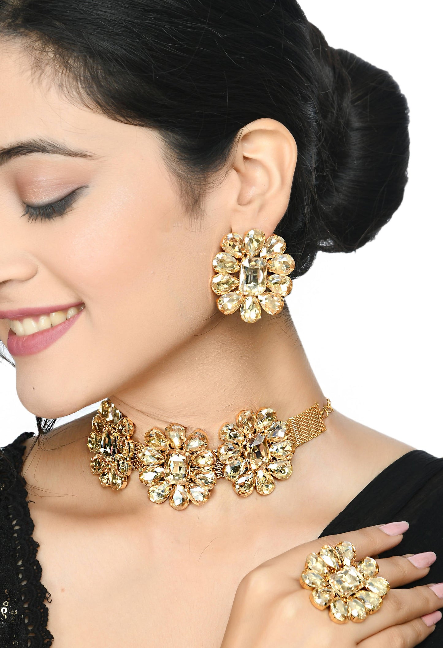 Golden Plating Designer Choker Set with Earrings, Ring Jkms_172