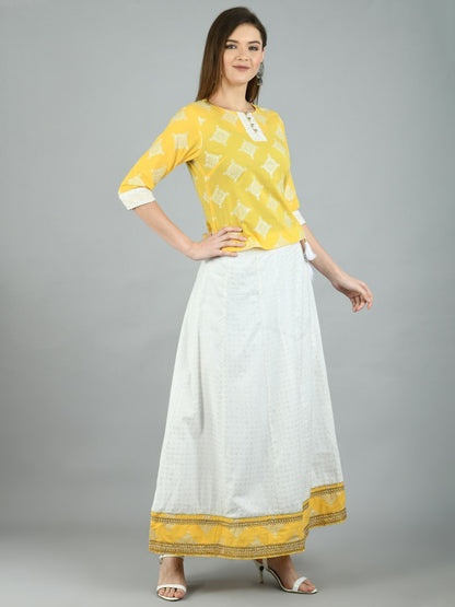 Women's Yellow Cotton Printed 3/4 Sleeve Round Neck Casual Lehenga Choli Set