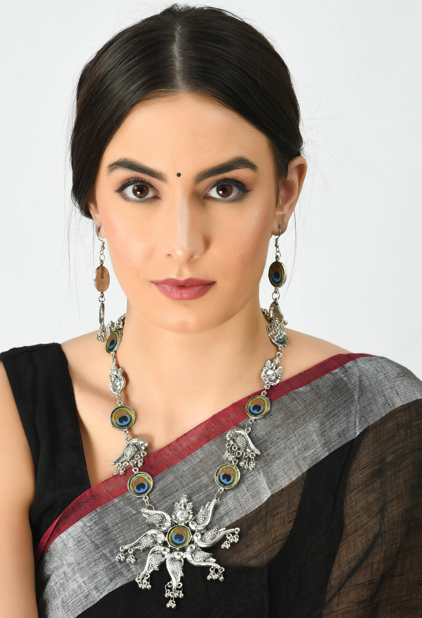 Oxidised Silver-Plated Peacock design Necklace with Earrings Jkms_133