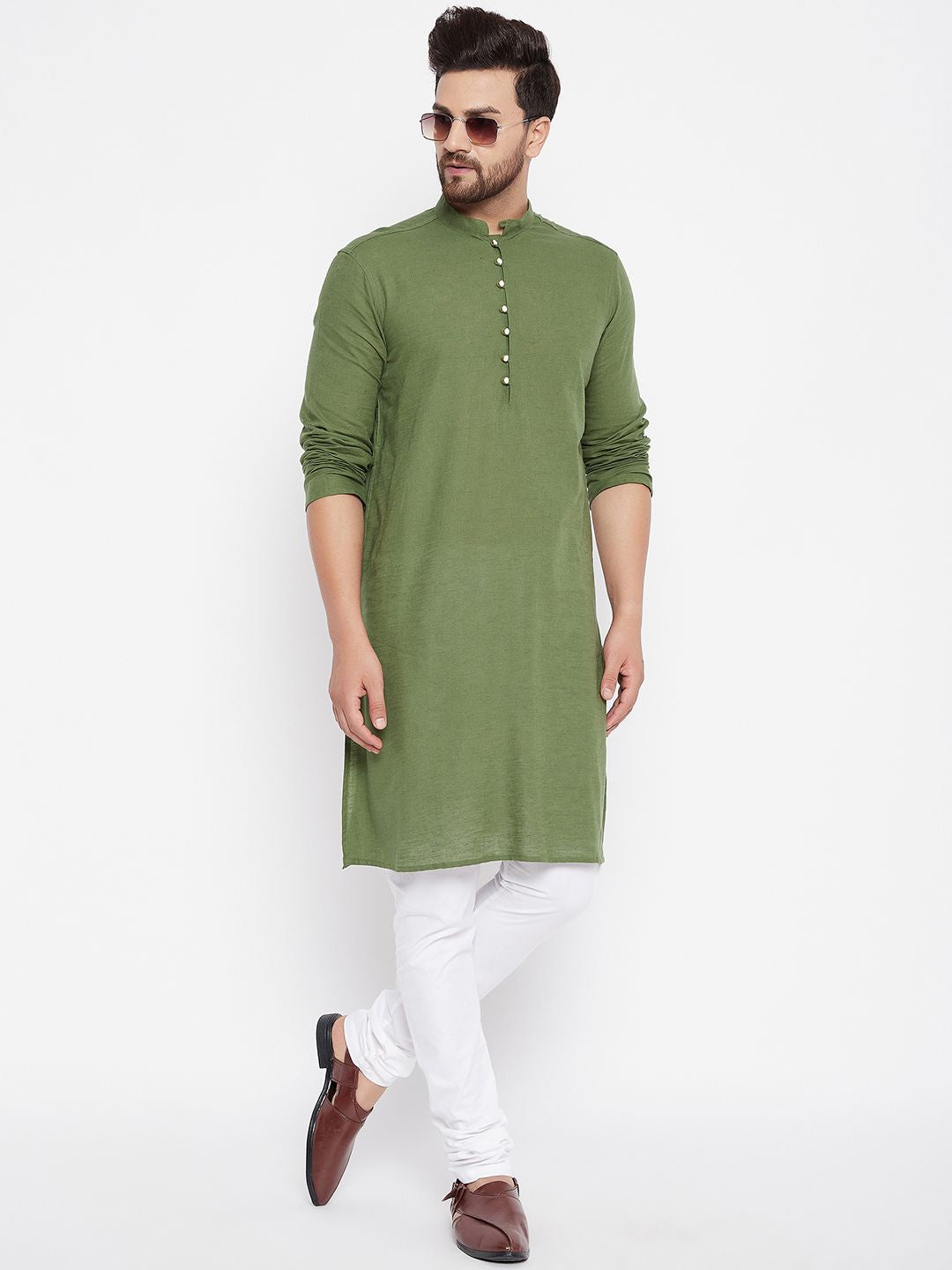 Men's Solid Green Linen Kurta