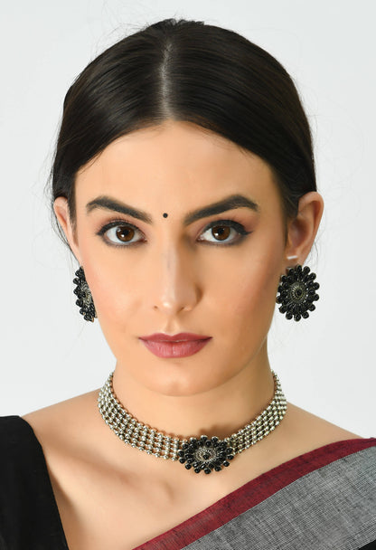 Oxidised Silver-Plated Black Color Chokar Necklace with Earrings Jkms_137