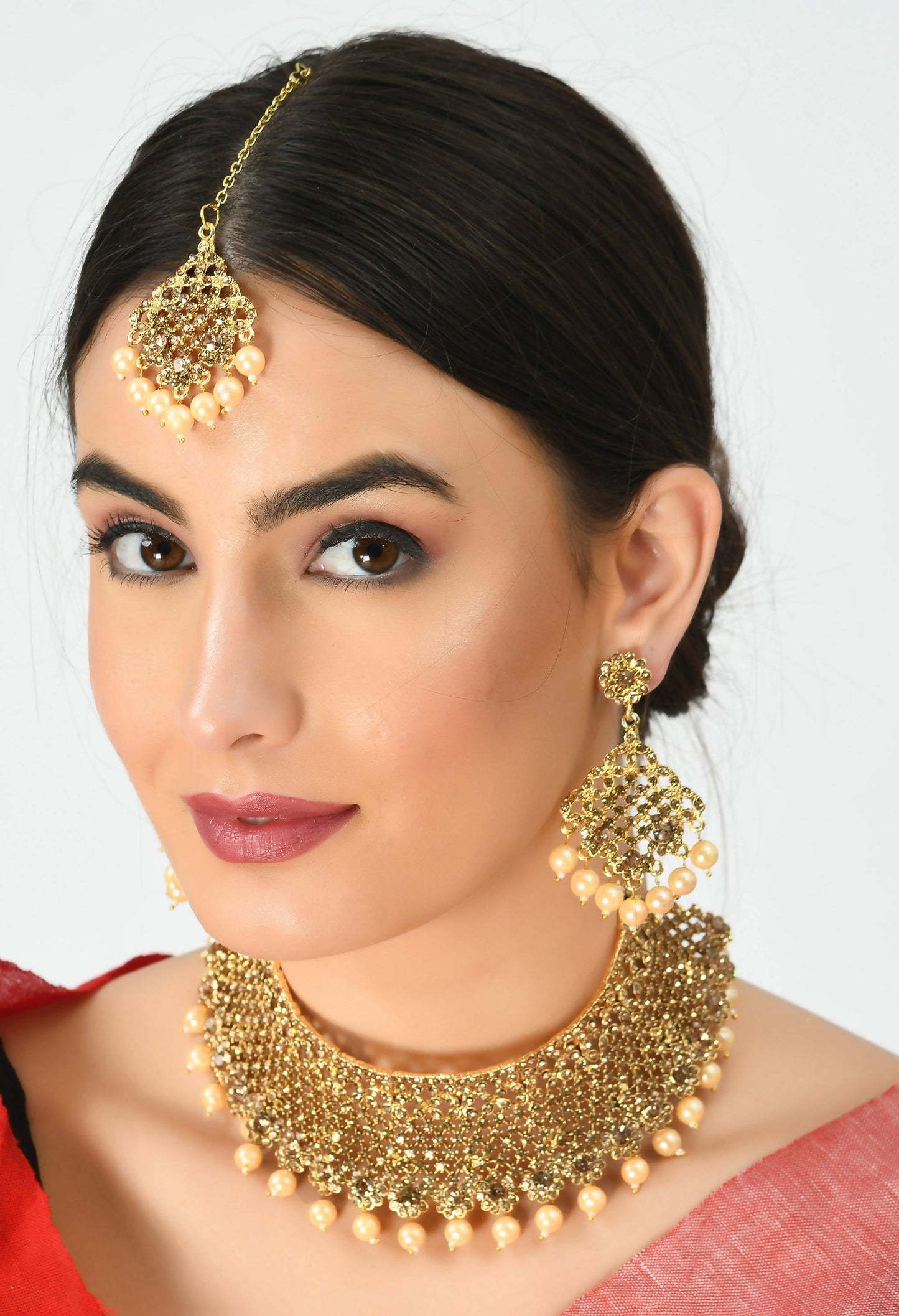 Gold-Plated Golden Necklace & Pearls with Earrings ,Tikka Jkms_160