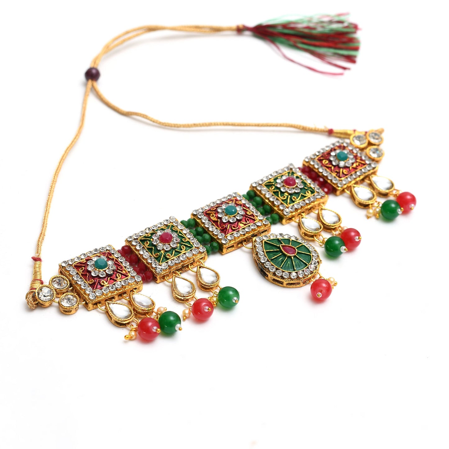 Gold-Plated Chokar Necklace Multi color with Earring & Tikka Jkms_118