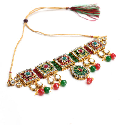 Gold-Plated Chokar Necklace Multi color with Earring & Tikka Jkms_118