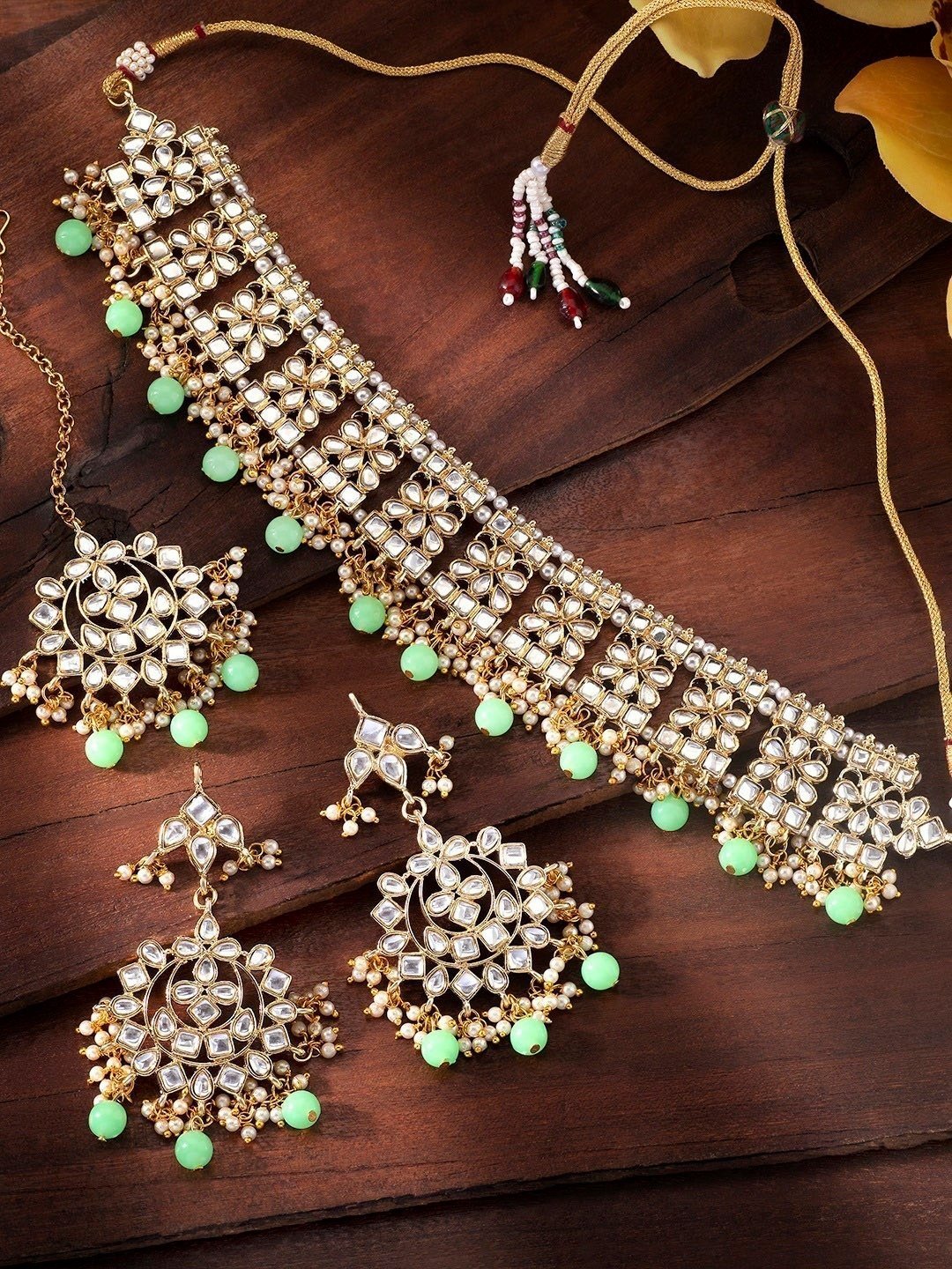 Women's Gold PlatedMint Kundan & Pearl Studded Choker Necklace Set with Earrings & Maang Tikka