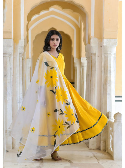 Women's Dandelion Yellow Gotawork Anarkali With Handpainted Dupatta