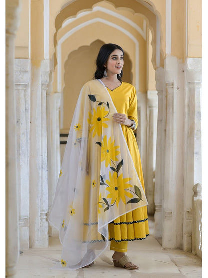 Women's Dandelion Yellow Gotawork Anarkali With Handpainted Dupatta