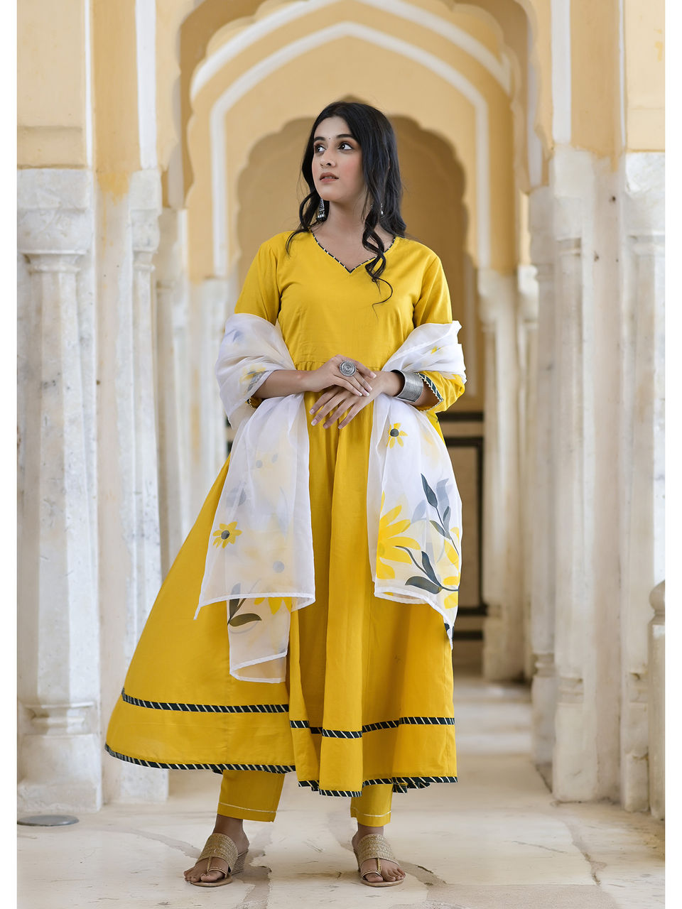 Women's Dandelion Yellow Gotawork Anarkali With Handpainted Dupatta