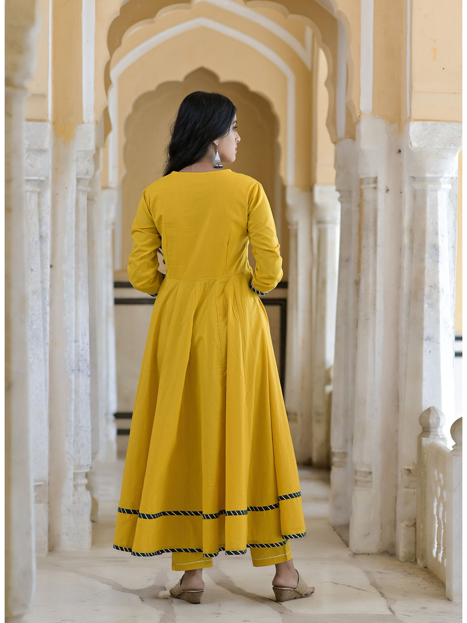 Women's Dandelion Yellow Gotawork Anarkali With Handpainted Dupatta