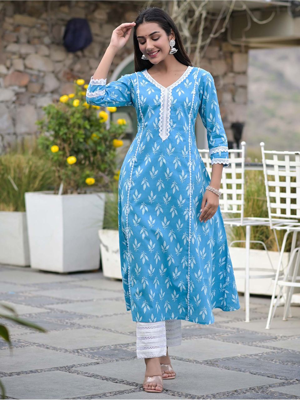 Women's Blue Printed A Line Kurta